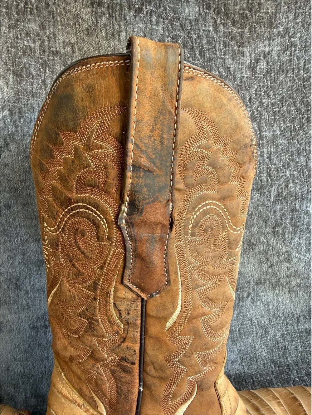 Tanner Mark Mens Cowboy Boots Size 7 Caiman Tail Print Tan Leather Square Toe